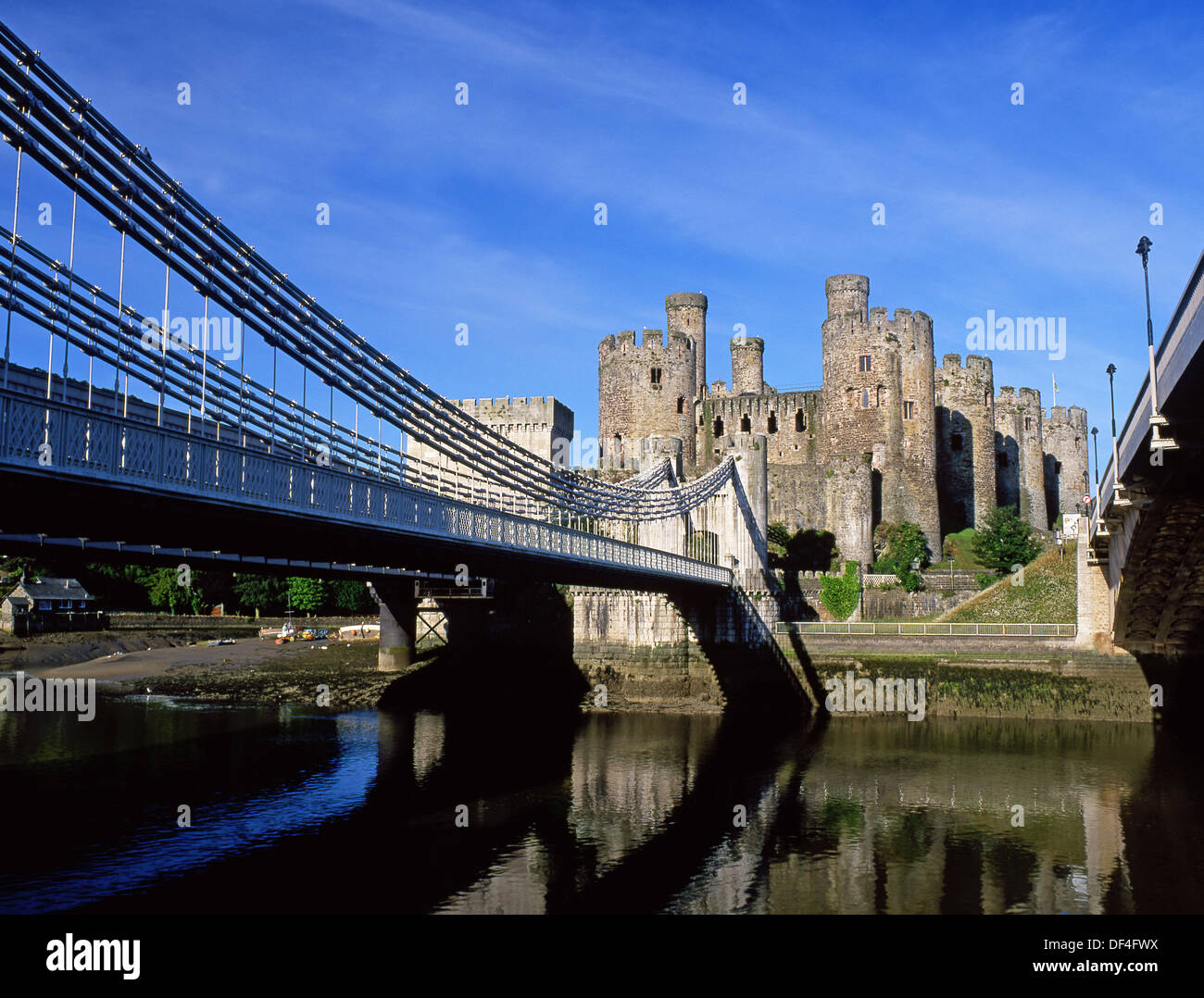 Conwy Castle and Telford Suspension Bridge Conwy North Wales UK Stock