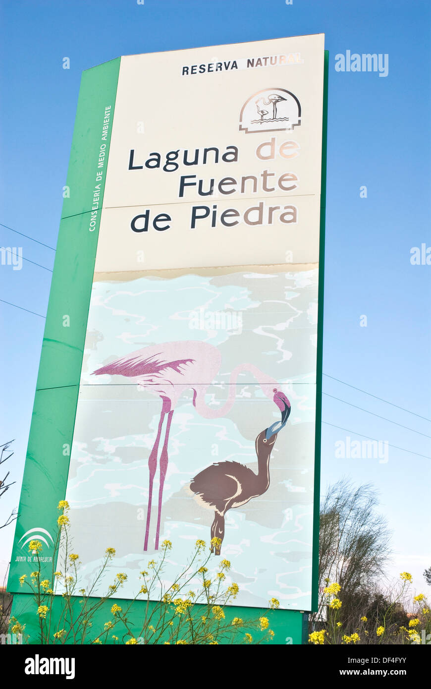 Fuente de Piedra´s Lagoon informative panel board at the entrance of this important breeding area for the Greater Flamingo Stock Photo
