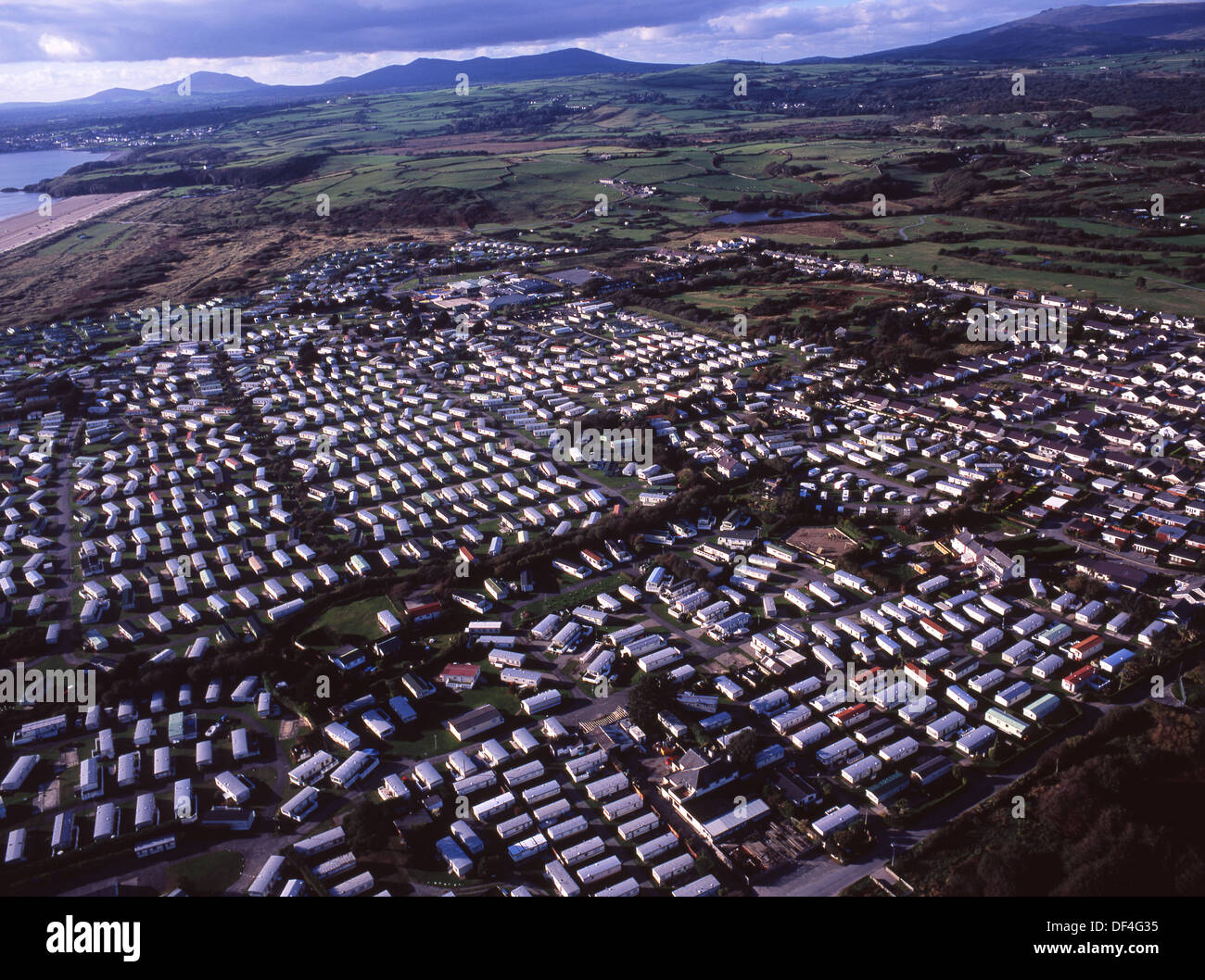 Morfa Bychan Aerial view of large caravan park with hundreds of mobile homes and village Llyn Peninsula North Wales UK Stock Photo