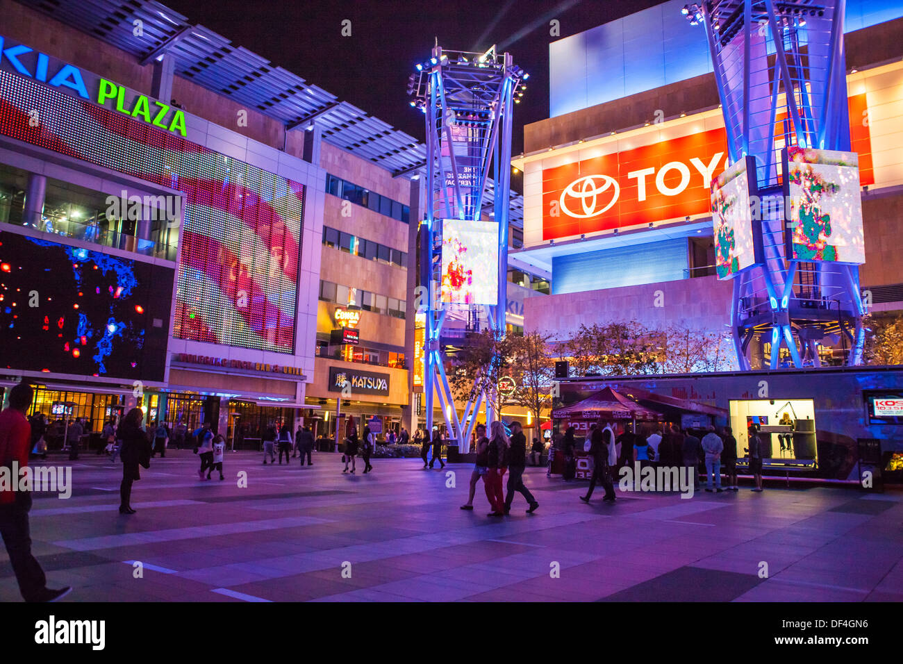 Nokia Plaza in Los Angeles at night with restaurants and Staples center Stock Photo