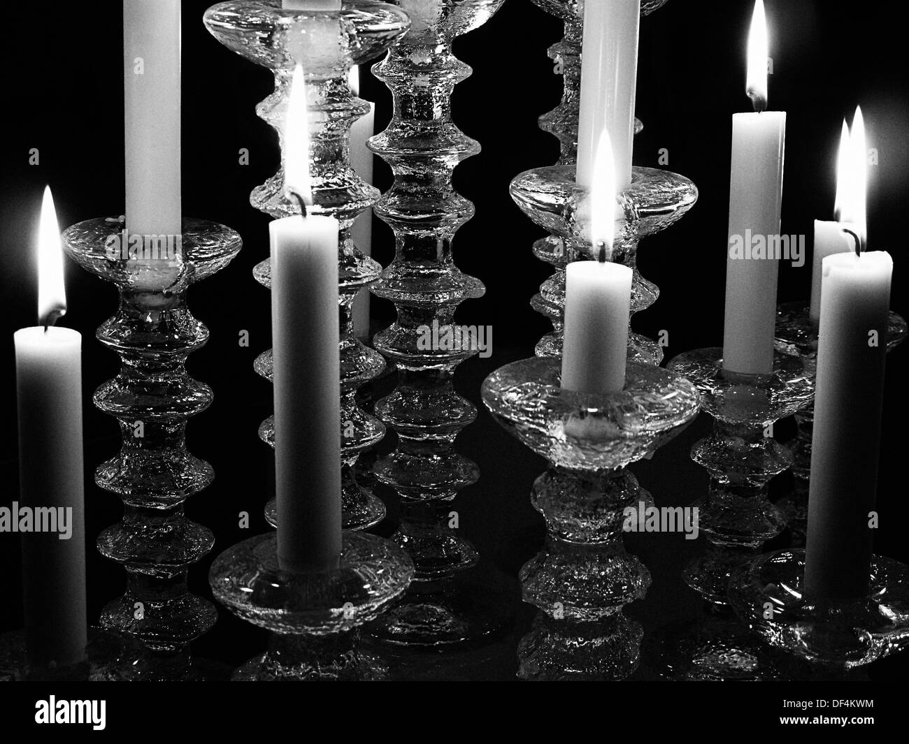 Glass Candlesticks with Lit Candles, Close Up Stock Photo