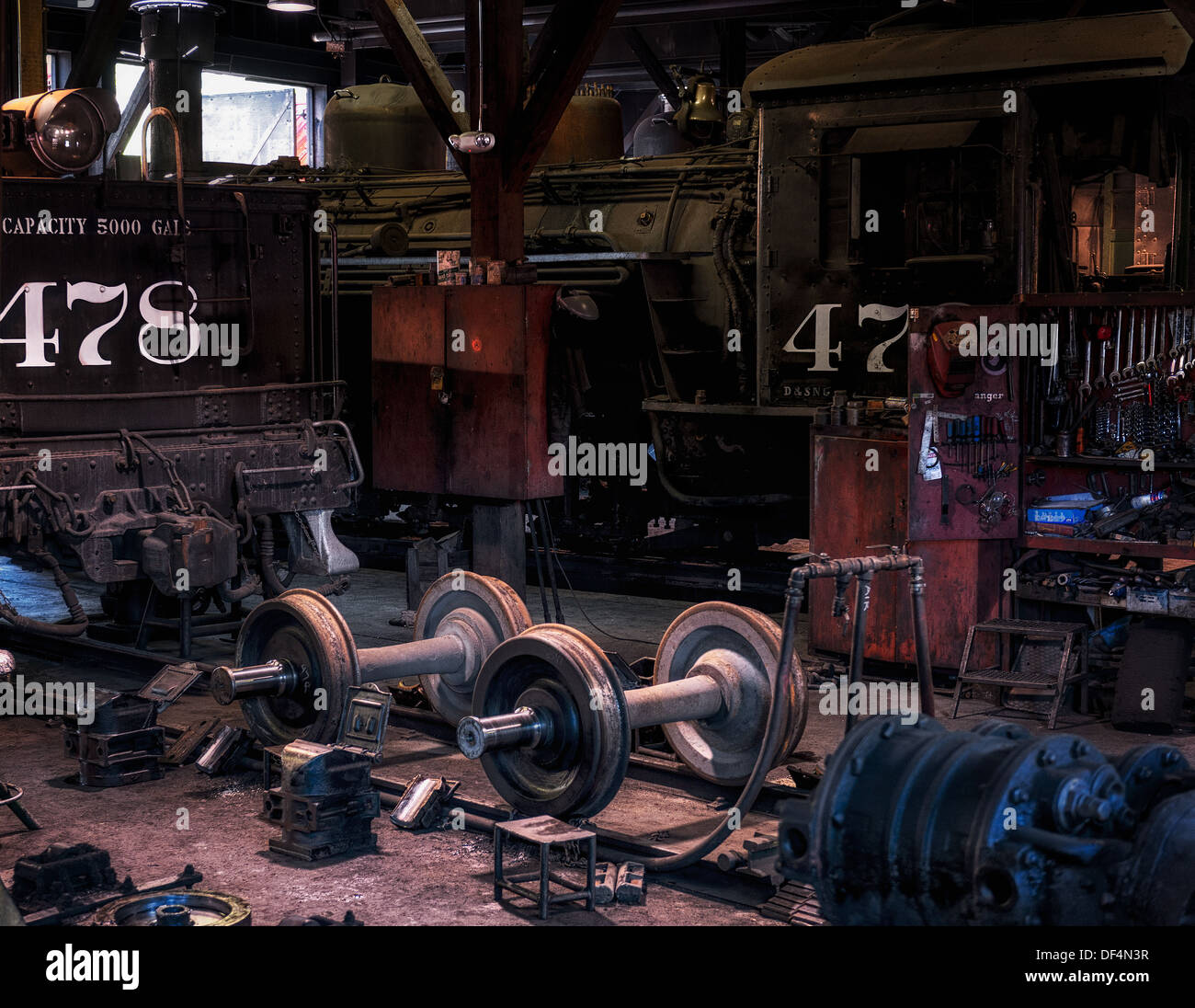 A color image of the repair shop for Durango and Silverton narrow gauge railroad in Durango Colorado Stock Photo