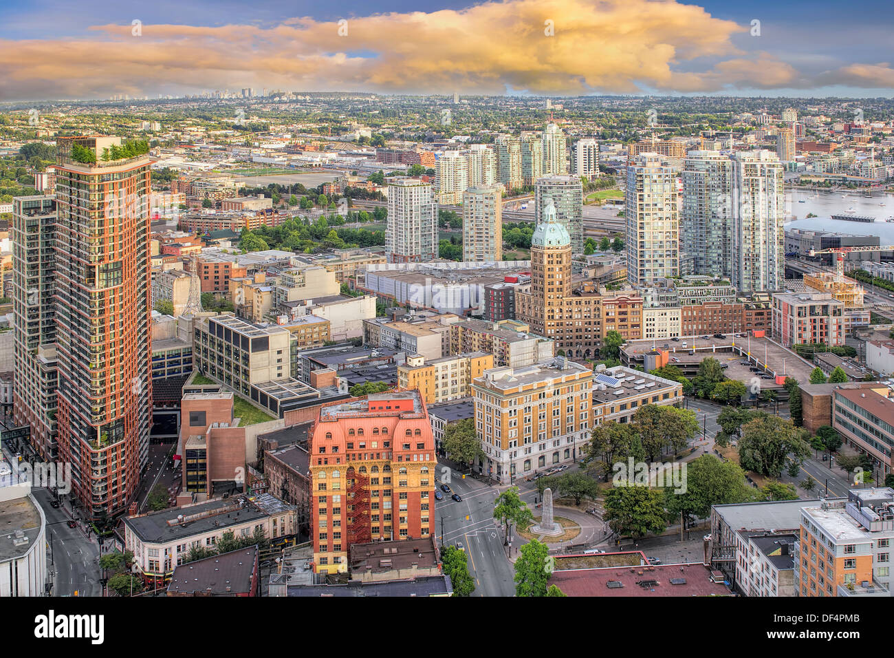 Vancouver BC Canada Downtown Cityscape with Victory Square Aerial View Stock Photo