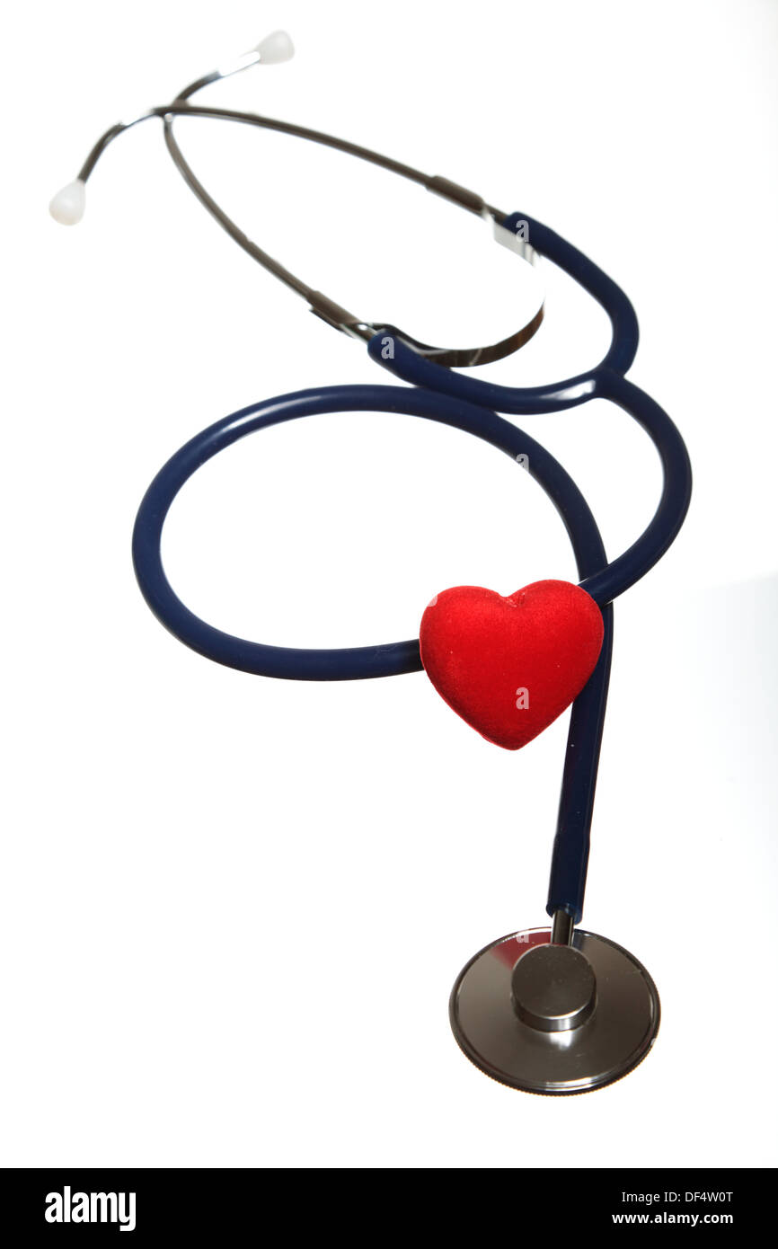 Red heart and a blue stethoscope on white background Stock Photo - Alamy