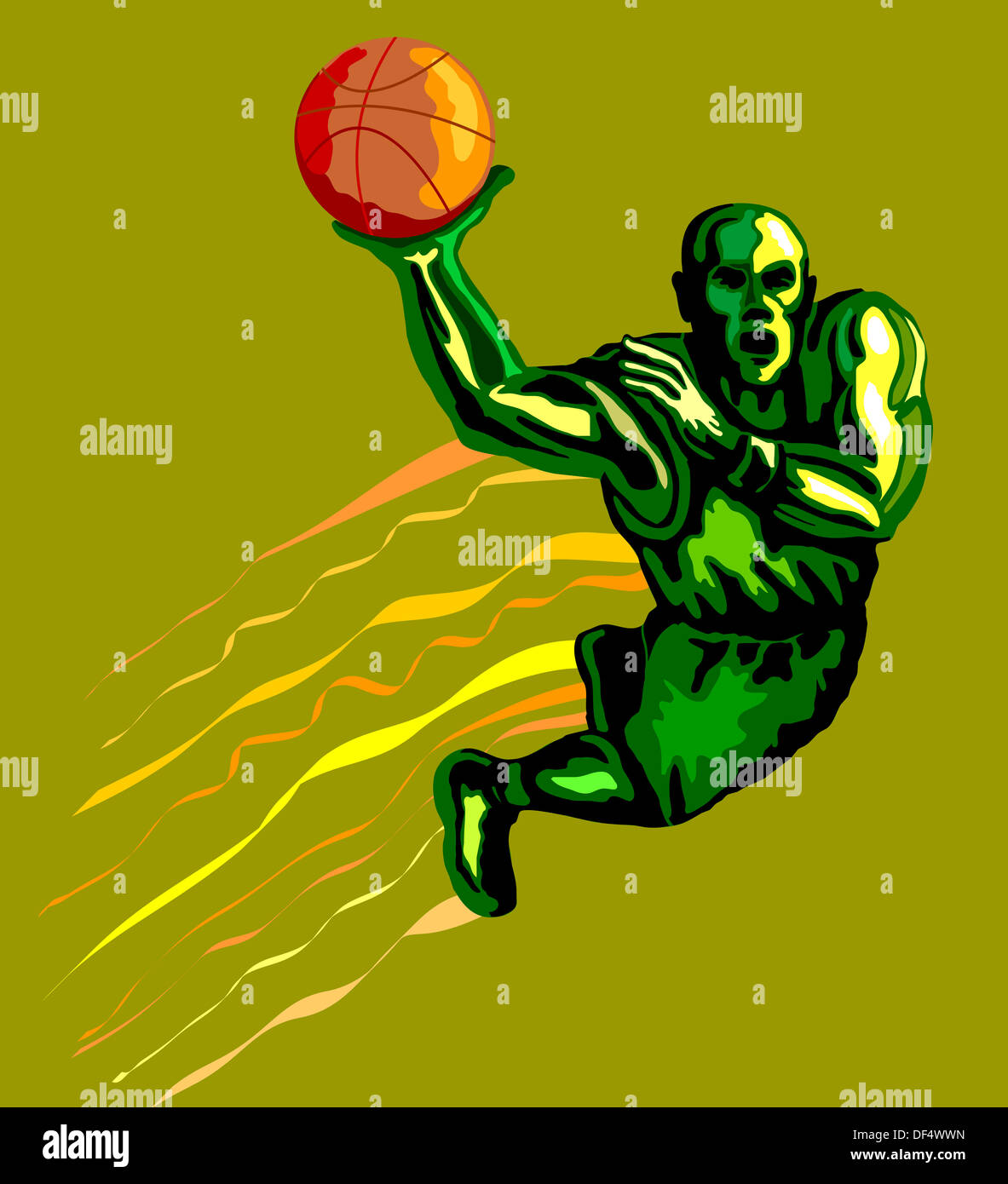 Illustration of a green basketball player dunking ball. Stock Photo