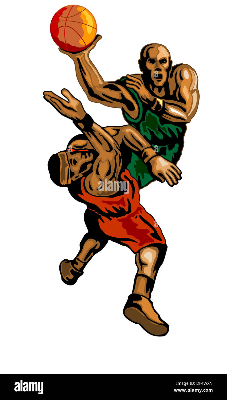 Illustration of a basketball player dunking a ball with someone blocking him. Stock Photo