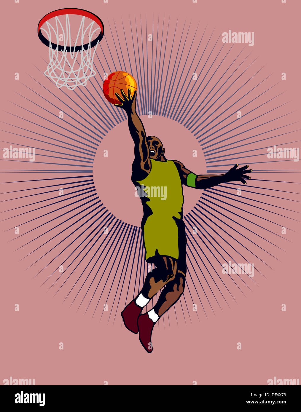 Illustration of a green basketball player dunking ball. Stock Photo
