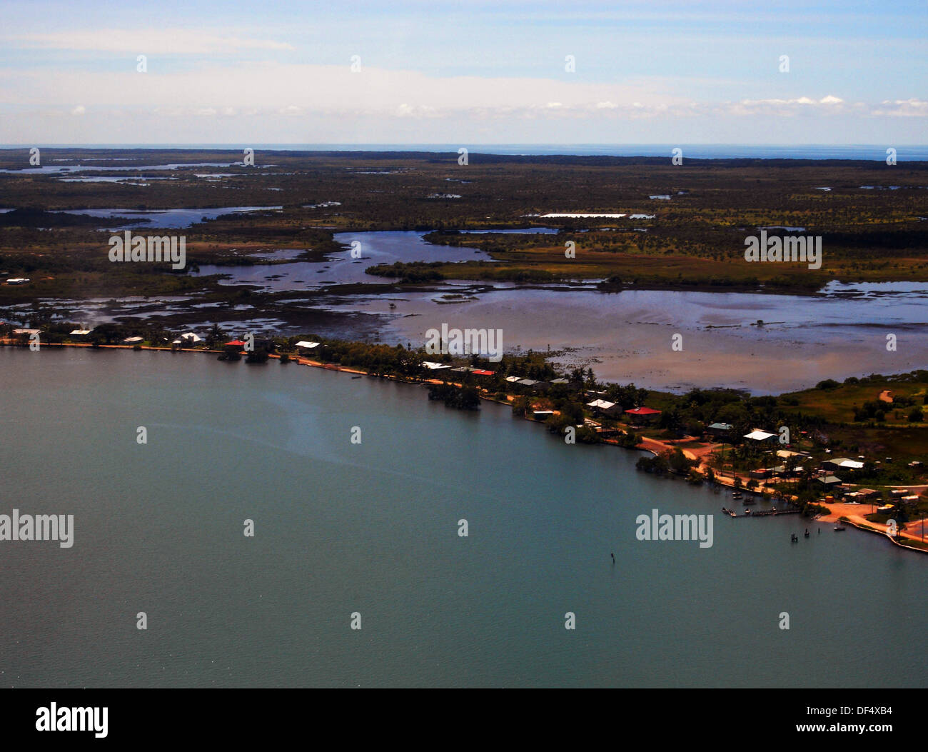 Aerial view of Saibai Island during king tide inundation, 17 Feb 2011, Torres Strait, Queensland, Australia Stock Photo