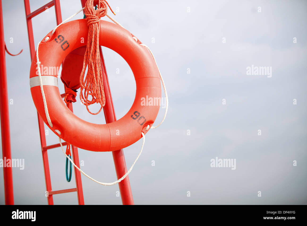 Beach life-saving. Lifeguard rescue equipment orange lifebuoy buoyancy ...