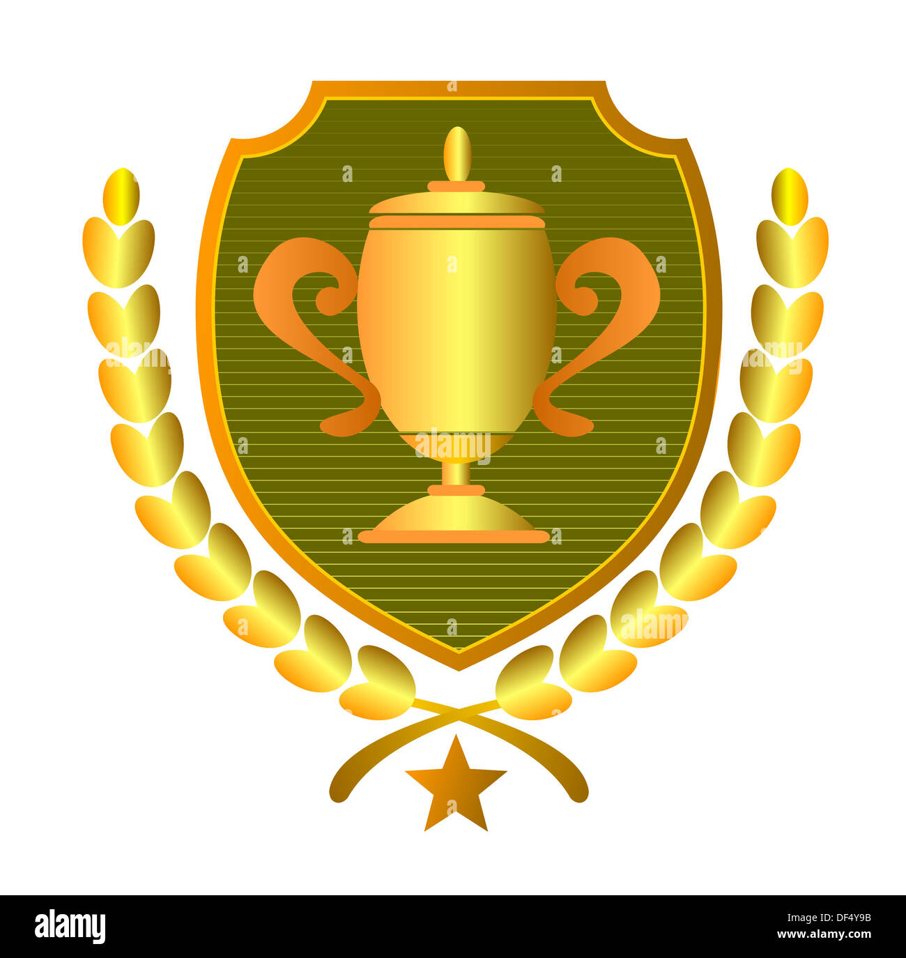 Illustration of a championship cup trophy set inside a shield with laurel leaves and star design
