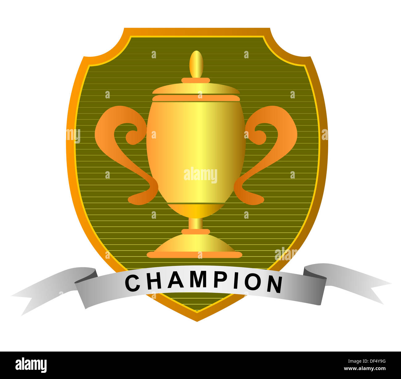 Illustration of a championship cup trophy set inside a shield with the word Champion isolated on