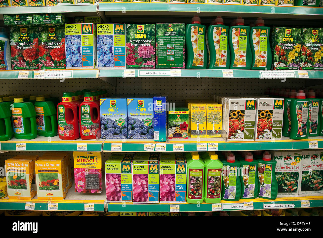 Garden plants commercial fertilizers in a Spanish garden center