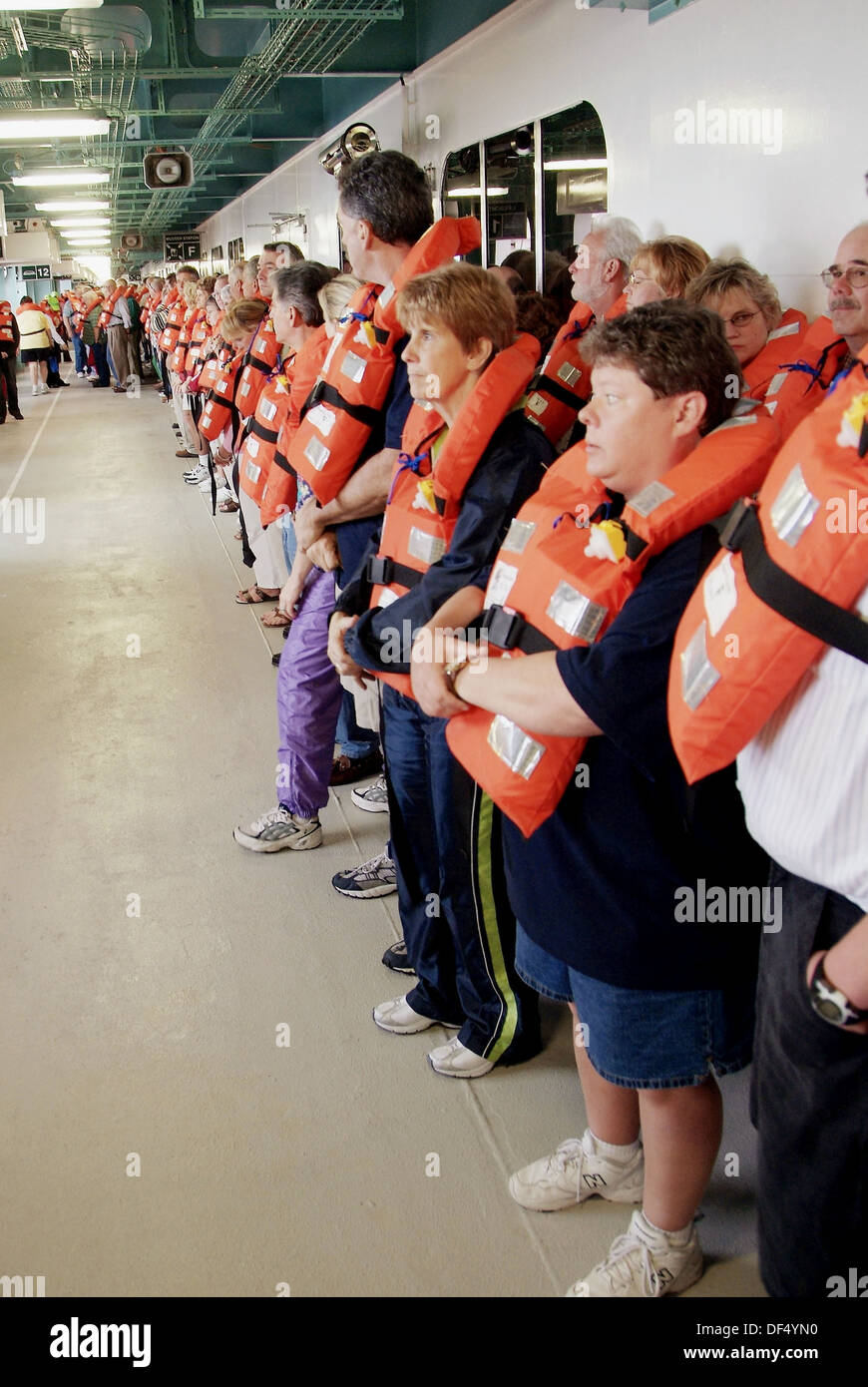 Life jacket vest drill aboard the Cruis Ship Carnival Fantasy traveling