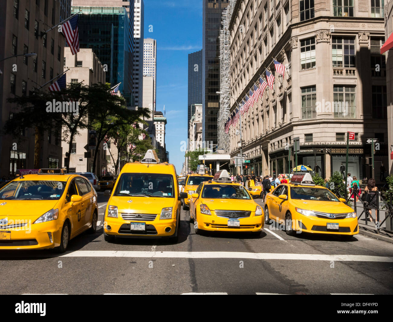 Yellow Taxis Stopped at Traffic Light, NYC, USA Stock Photo