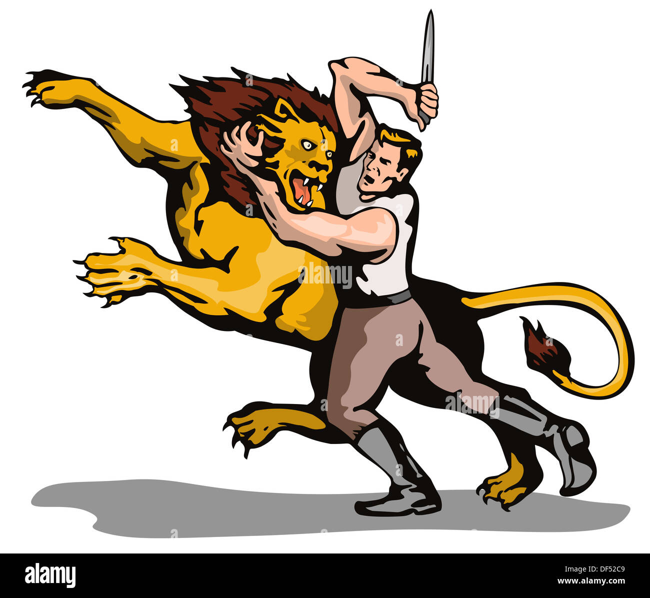 Illustration of a man with a knife fighting a lion isolated on white background done in retro style. Stock Photo