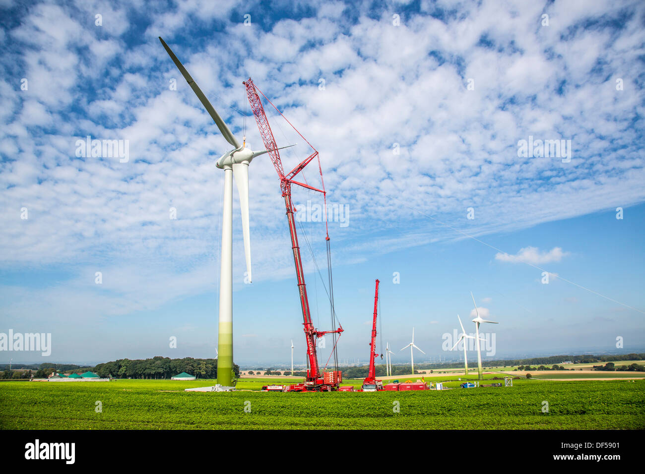 Construction, installation of a wind turbine. Wind turbines, wind farm ...