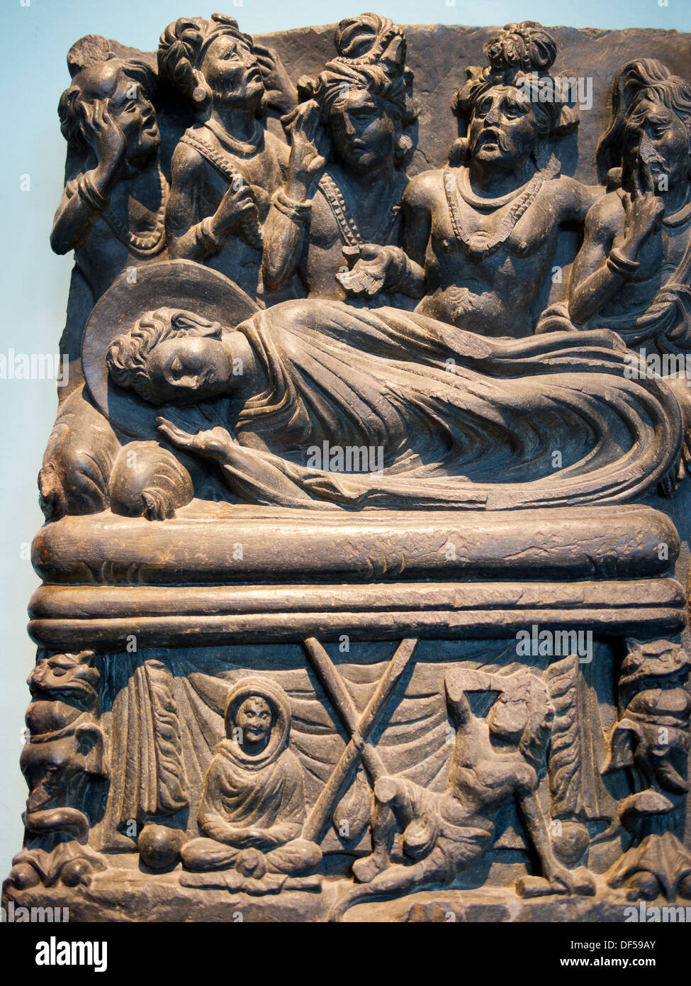 The Victoria and Albert Museum, London - Gandharan depiction of the death of the Buddha Stock Photo