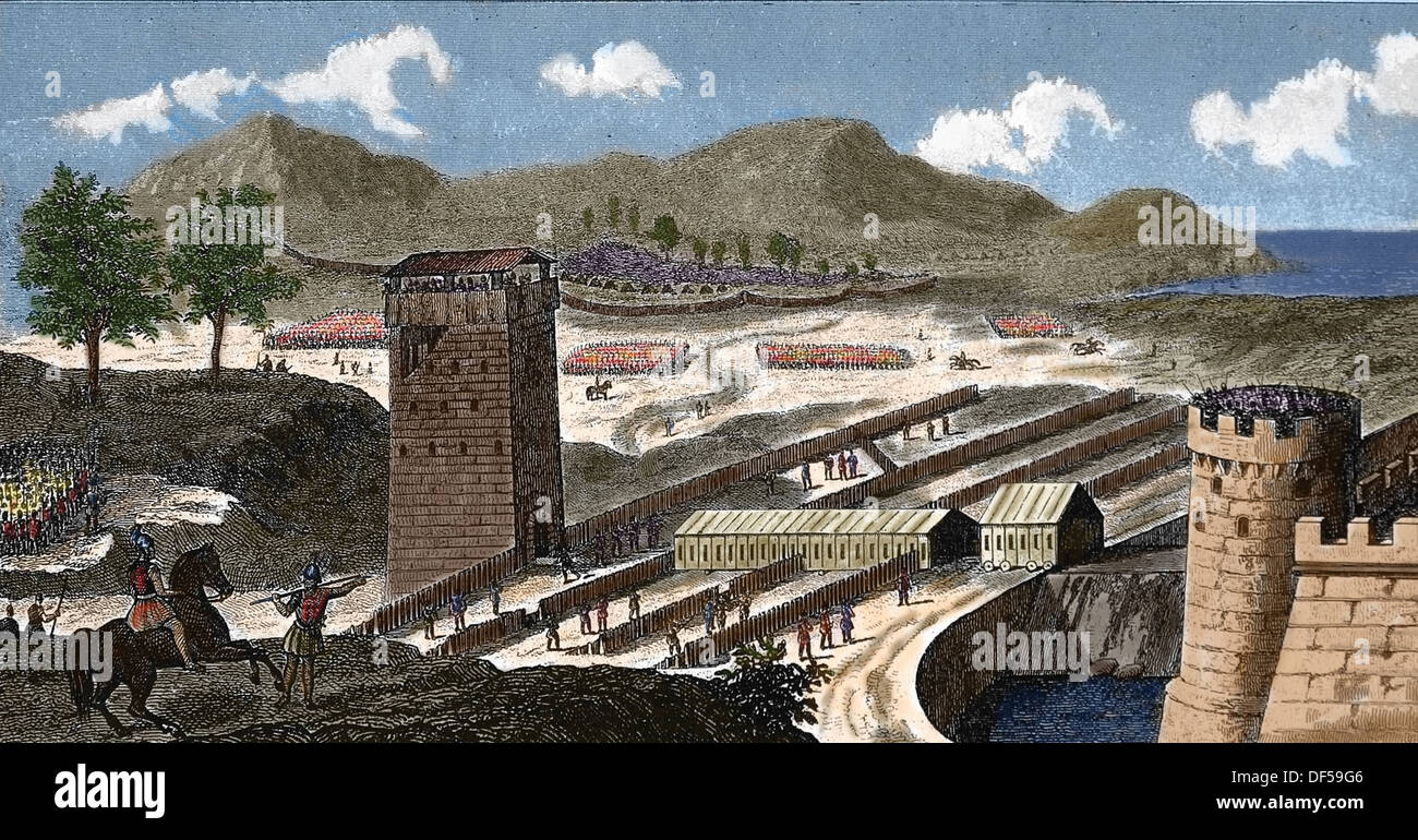 Roman fortified camp. Engraving. (Later colouration) Stock Photo