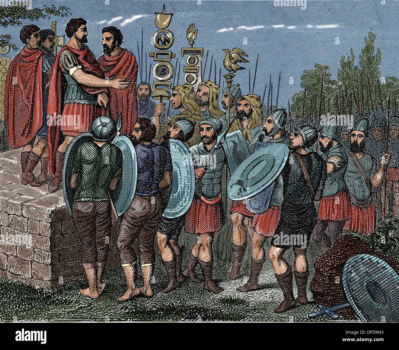 Roman victor thanking the army. Engraving. (Later colouration) Stock Photo