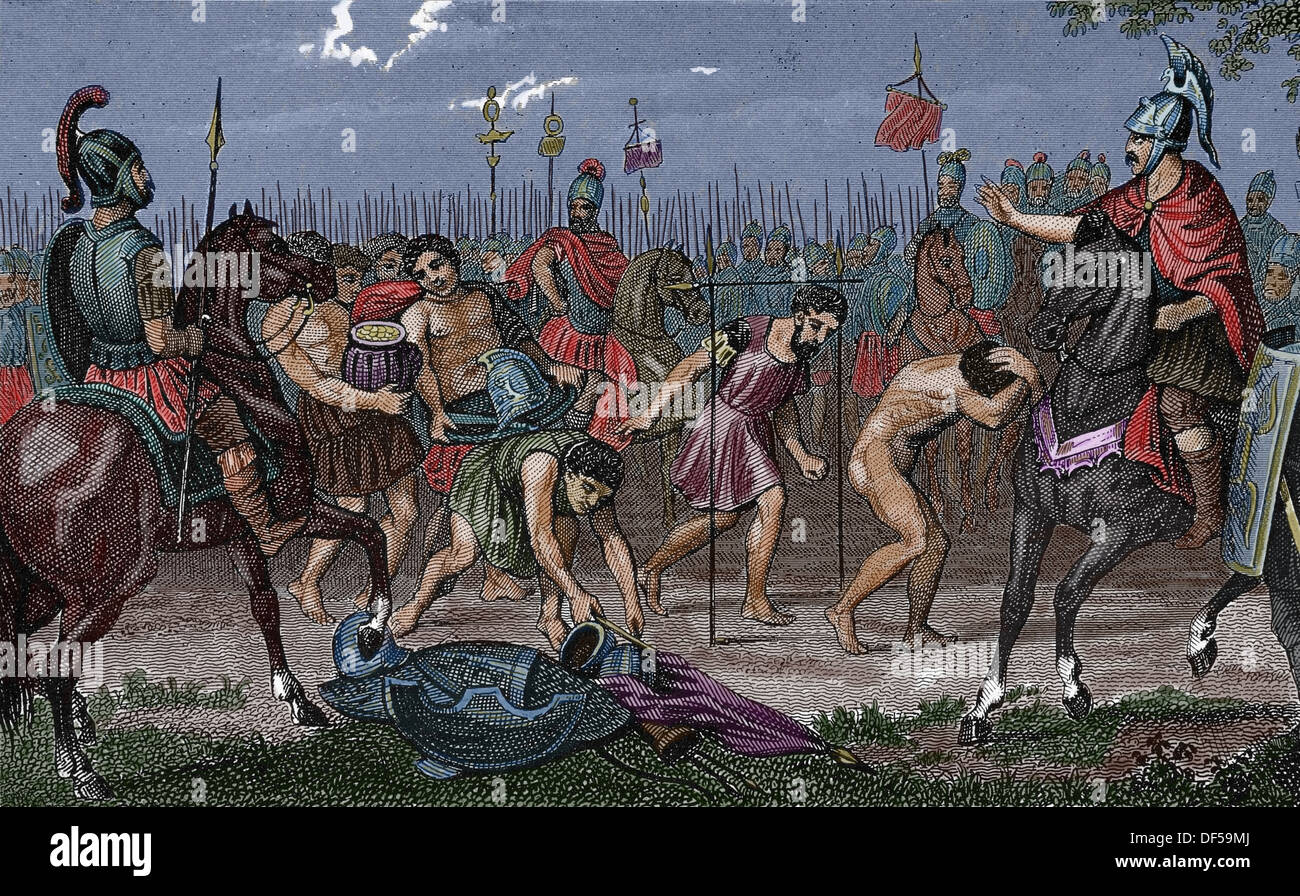 Roman Empire. Roman prisioners passing under the yoke. Engraving. (Later colouration) Stock Photo