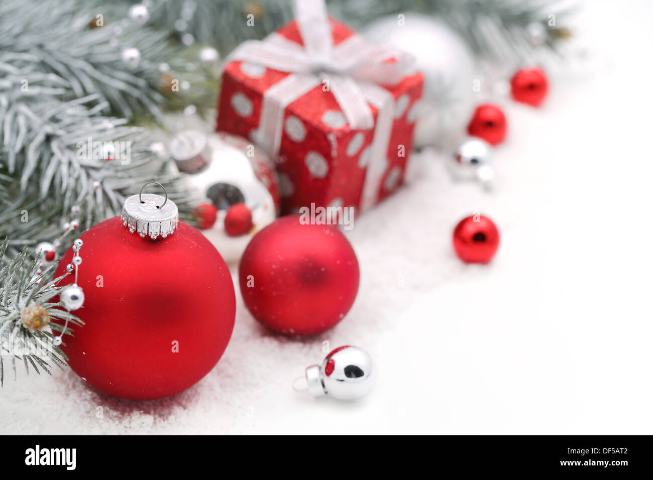Christmas decoration with fir branch,Christmas ball and gift box Stock Photo