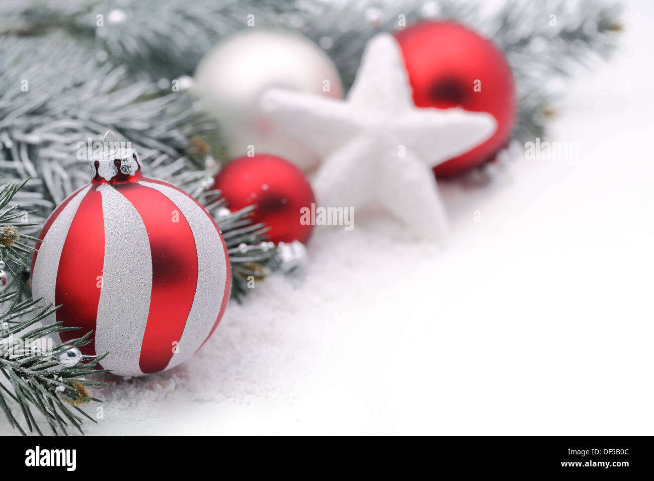 Christmas decoration with fir branch,Christmas ball and star,closeup. Stock Photo