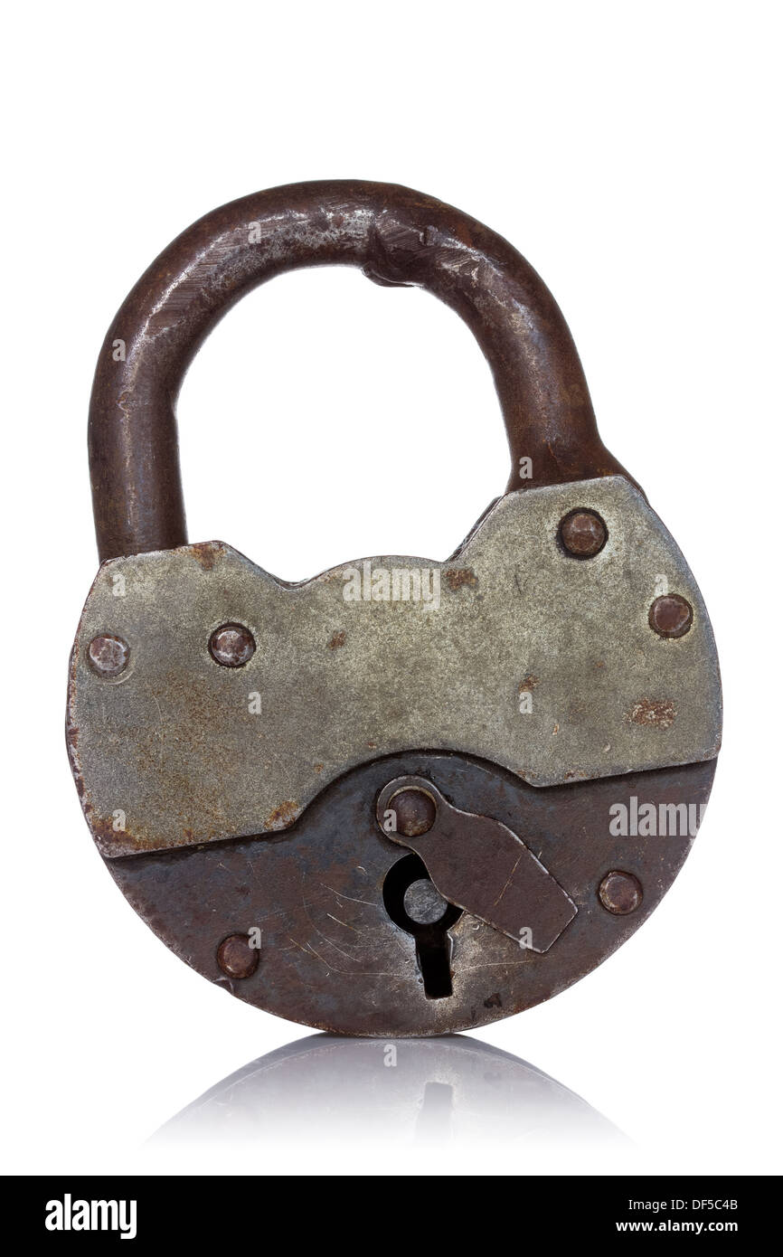 Old rusty padlock with reflection on white background Stock Photo - Alamy