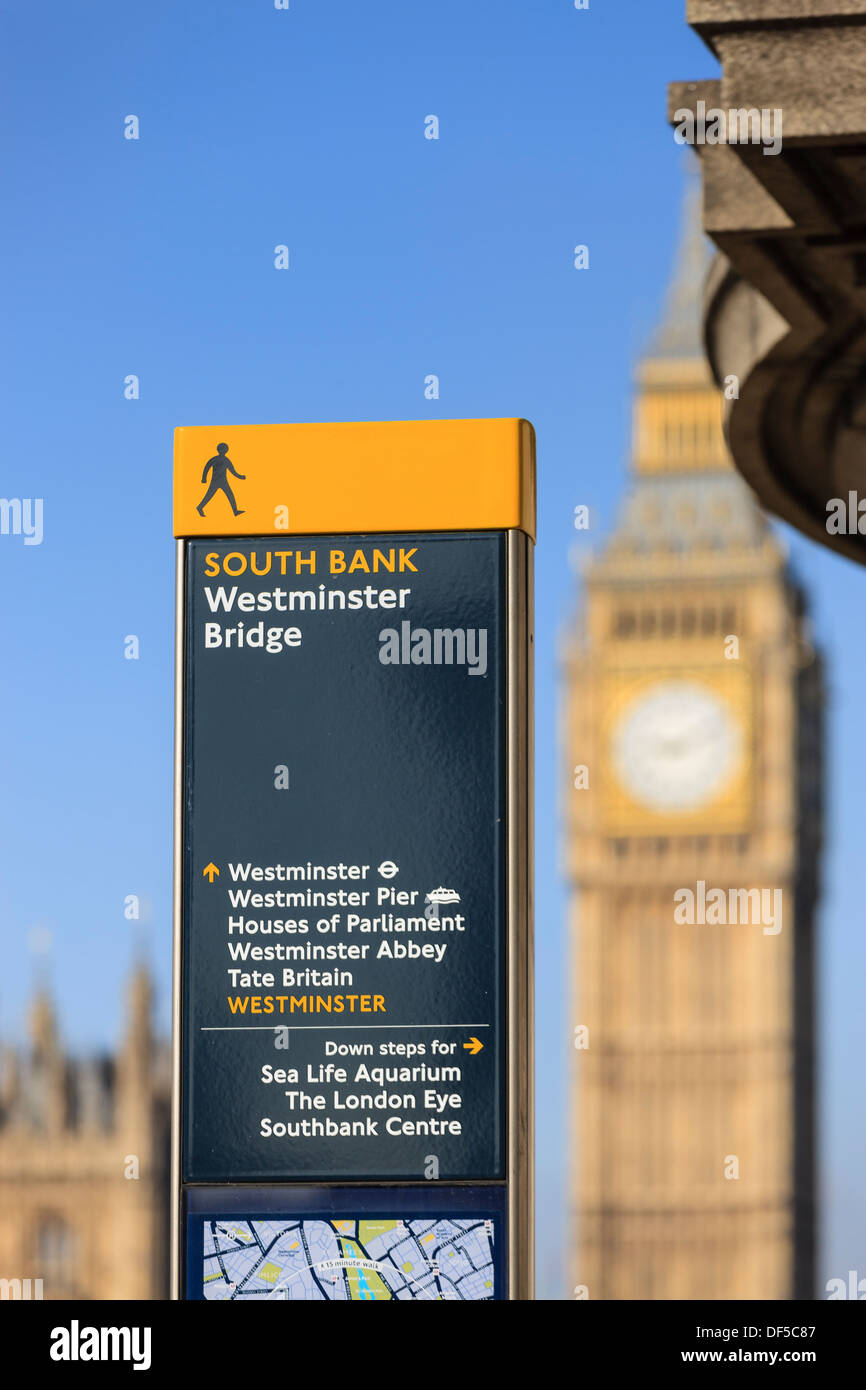 Big Ben and South Bank Directional Sign Westminster Bridge Westminster London England Stock Photo