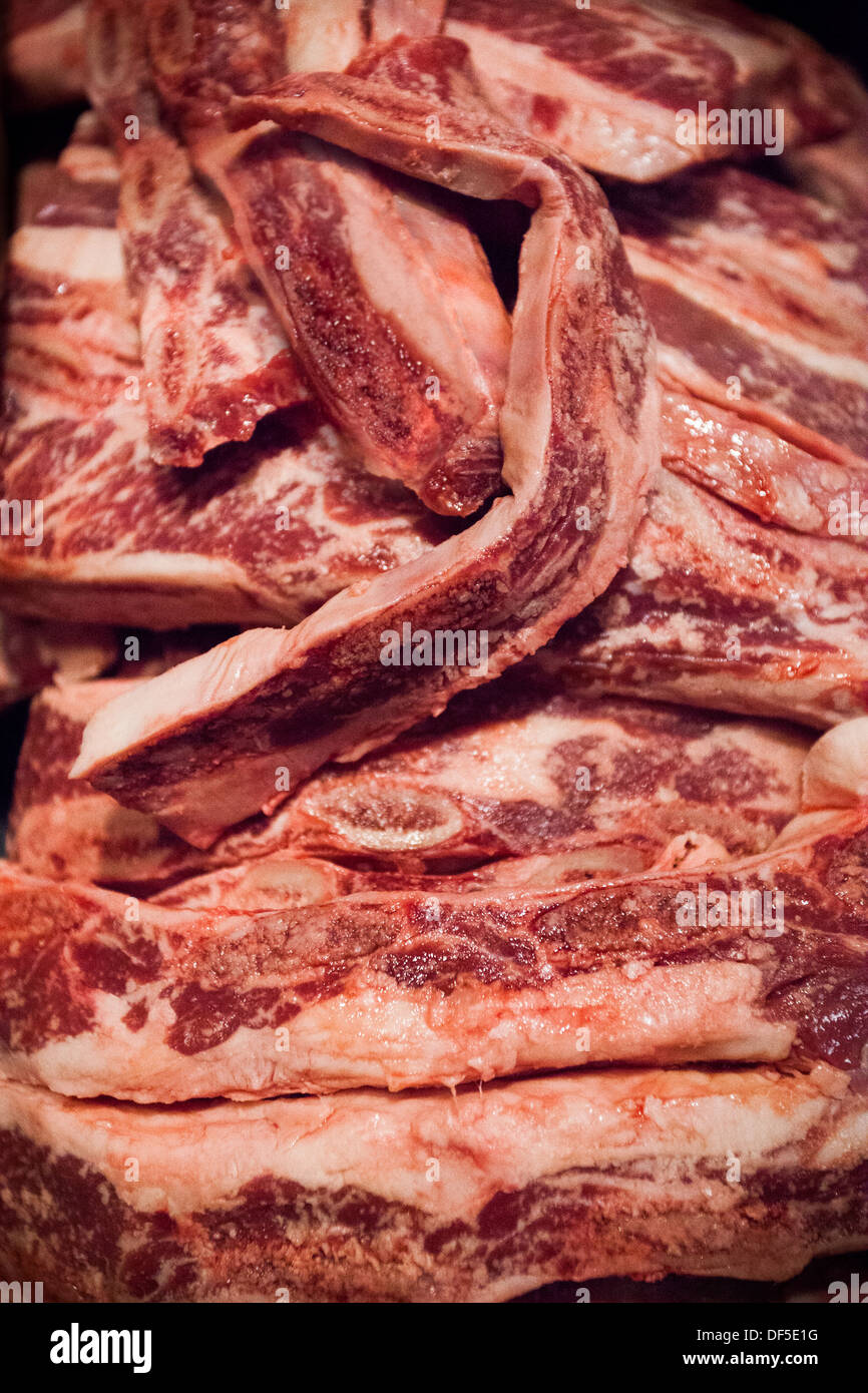 Piles of short rib about to be marinated at Prather Ranch Meat Company's storefront. Stock Photo