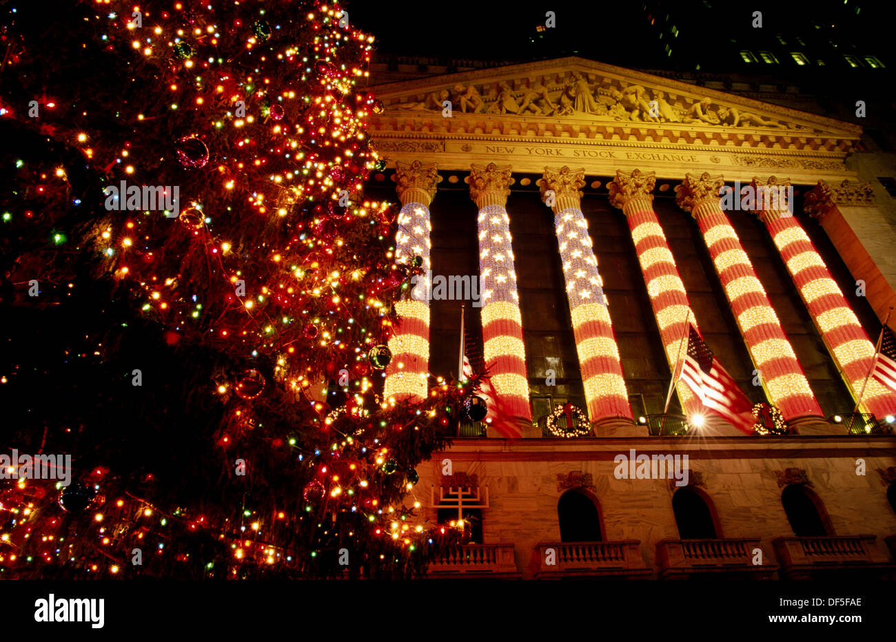 Christmas Tree On Wall Street New York City Usa Stock Photo Alamy