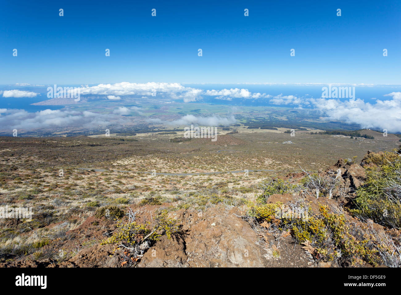 View from Haleakala to the Lahaina peninsula in Maui, Hawaii with deep blue sky. Stock Photo