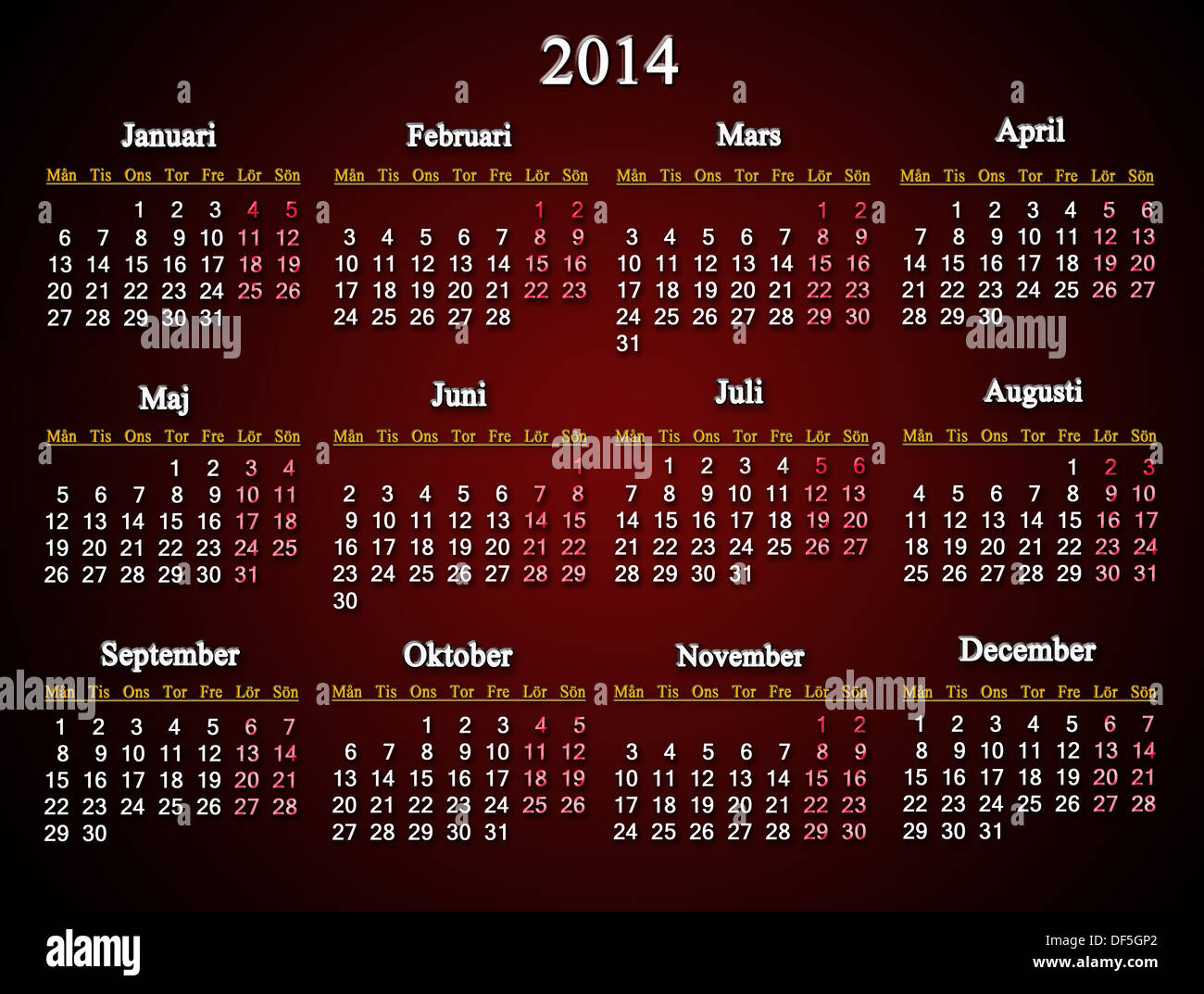 Beautiful claret and unusual calendar for 2014 year in swedish stock