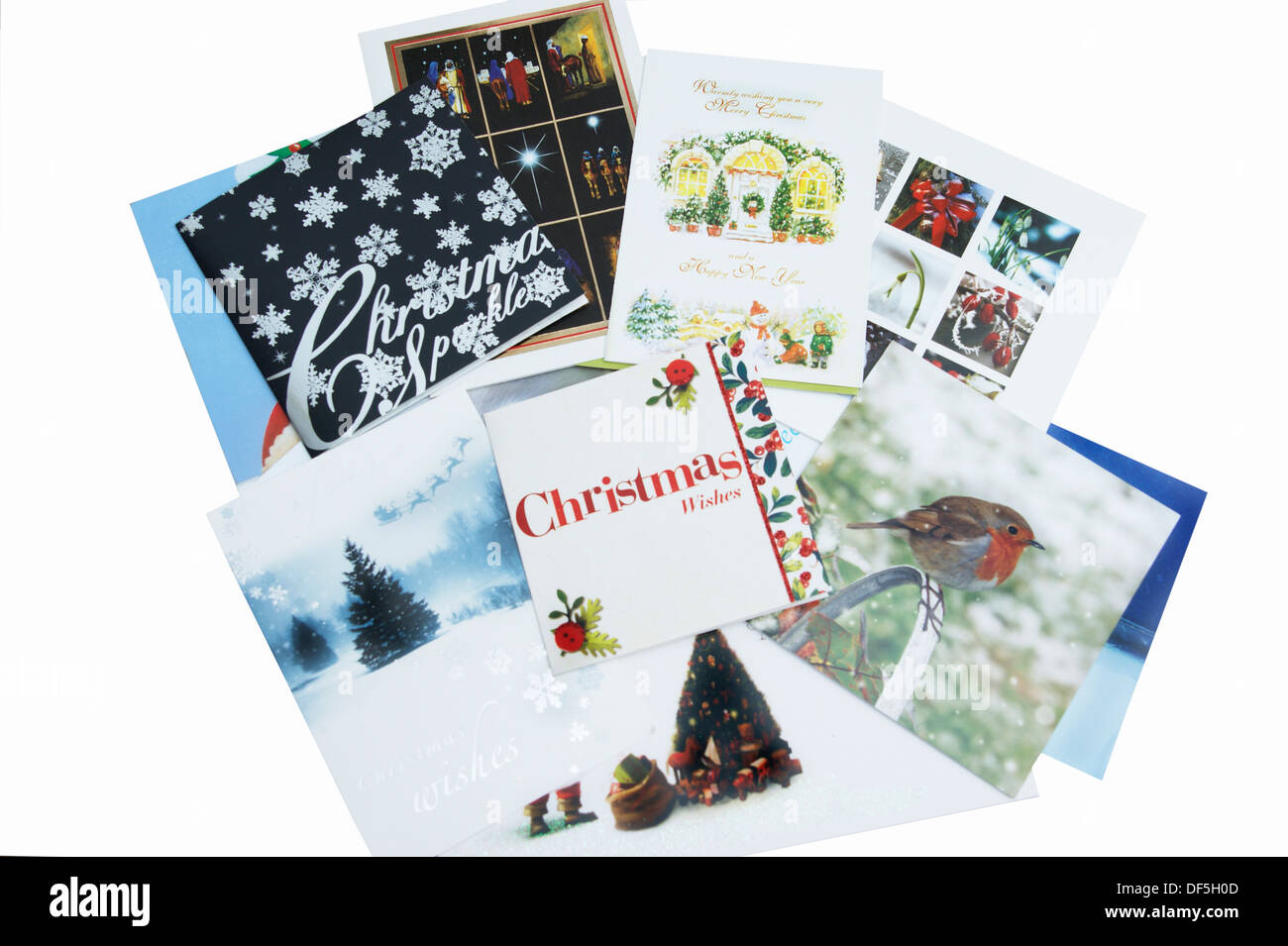 Christmas cards on a table ready for putting up for the festive season Stock Photo