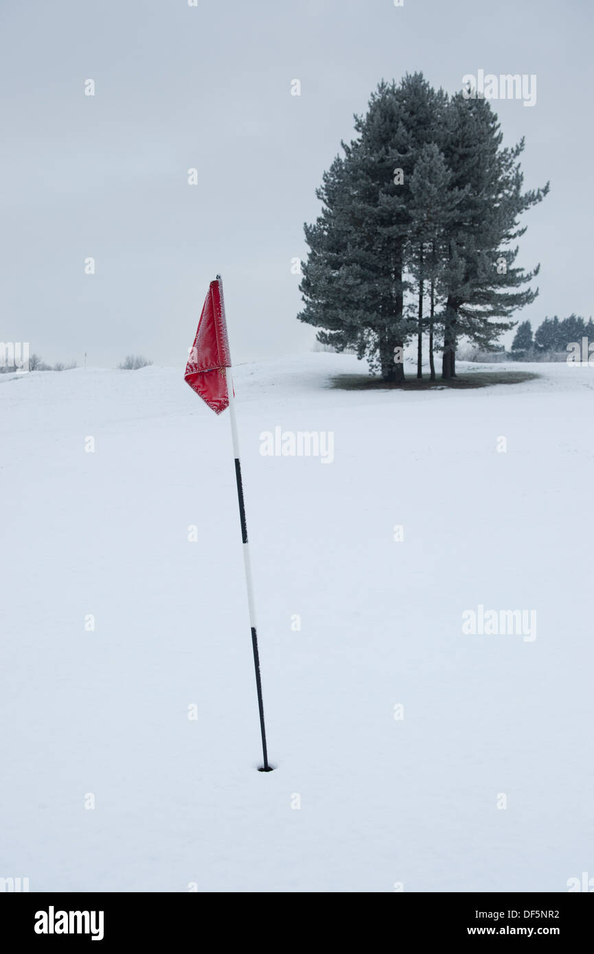 Dramatic splash of red from flag against cold grey winter monochrome snow scene with copse of trees - Bradford Golf Club, West Yorkshire, England, UK. Stock Photo