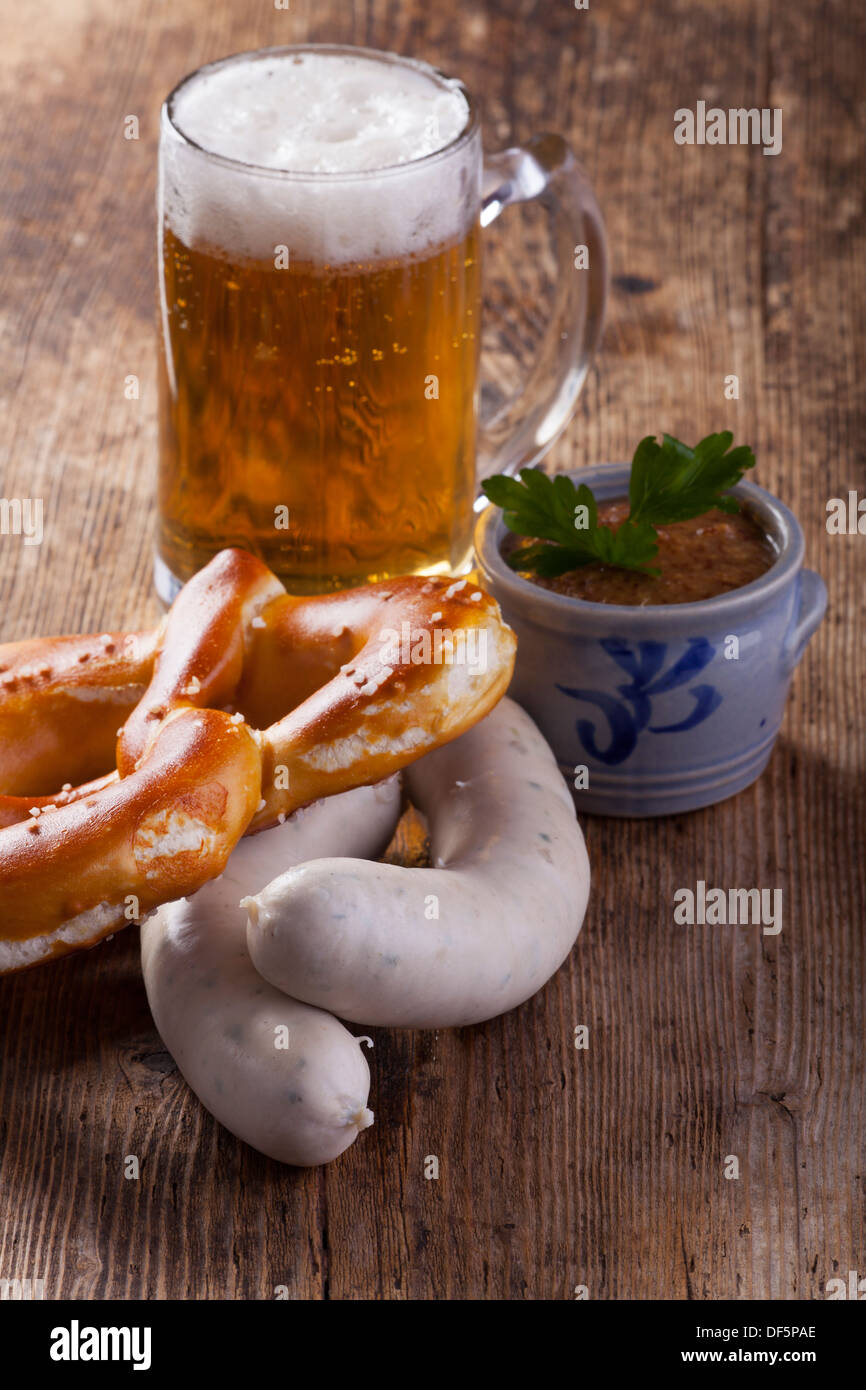 bavarian white sausages with bretzel and beer Stock Photo