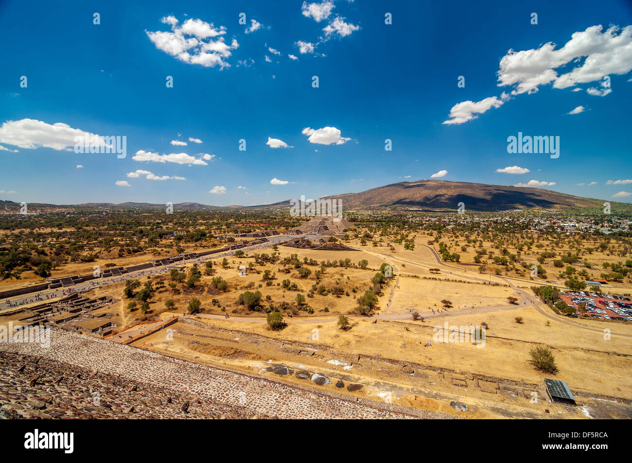 Wide view of ancient city of Teotihuacan near Mexico City with the Pyramid of the Moon Stock Photo