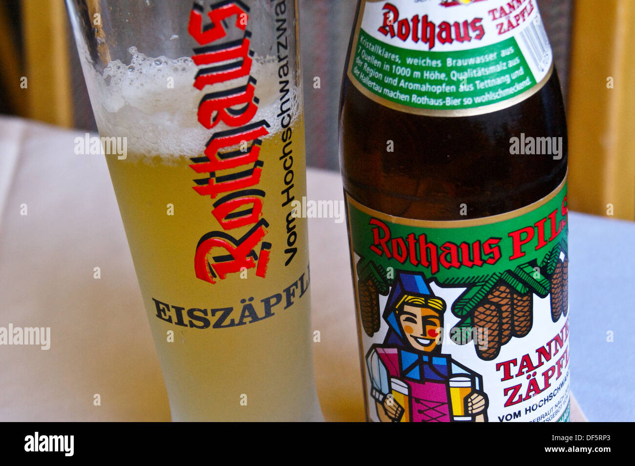 A bottle and glass of  Rothaus Tannen-Zapfle beer, Stuttgart, Baden-Wuerttemberg, Germany Stock Photo
