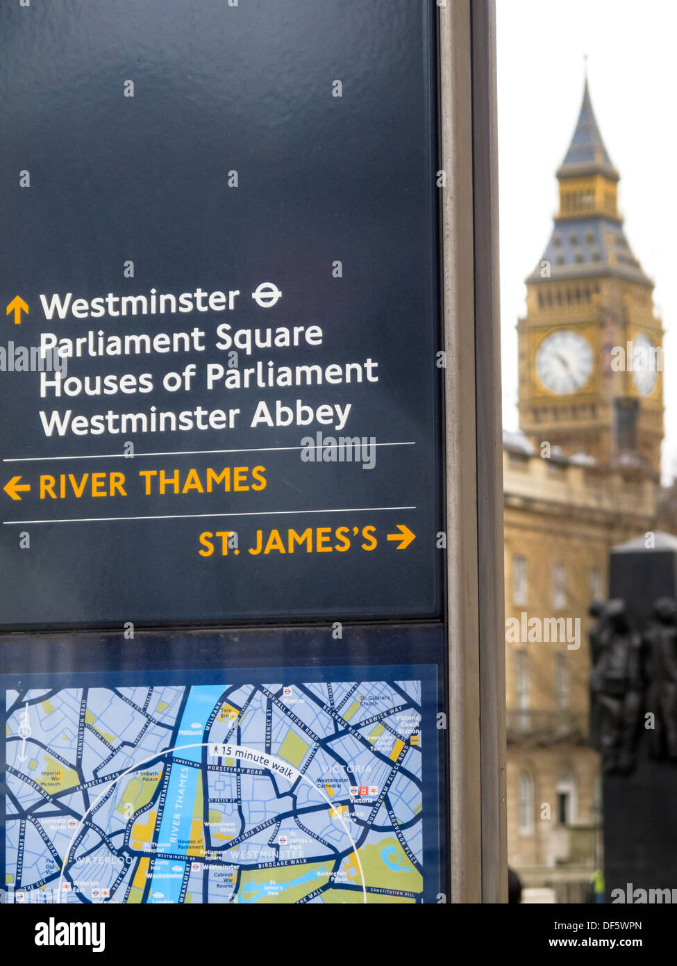 Big Ben and South Bank Directional Sign Westminster Bridge Westminster London England Stock Photo