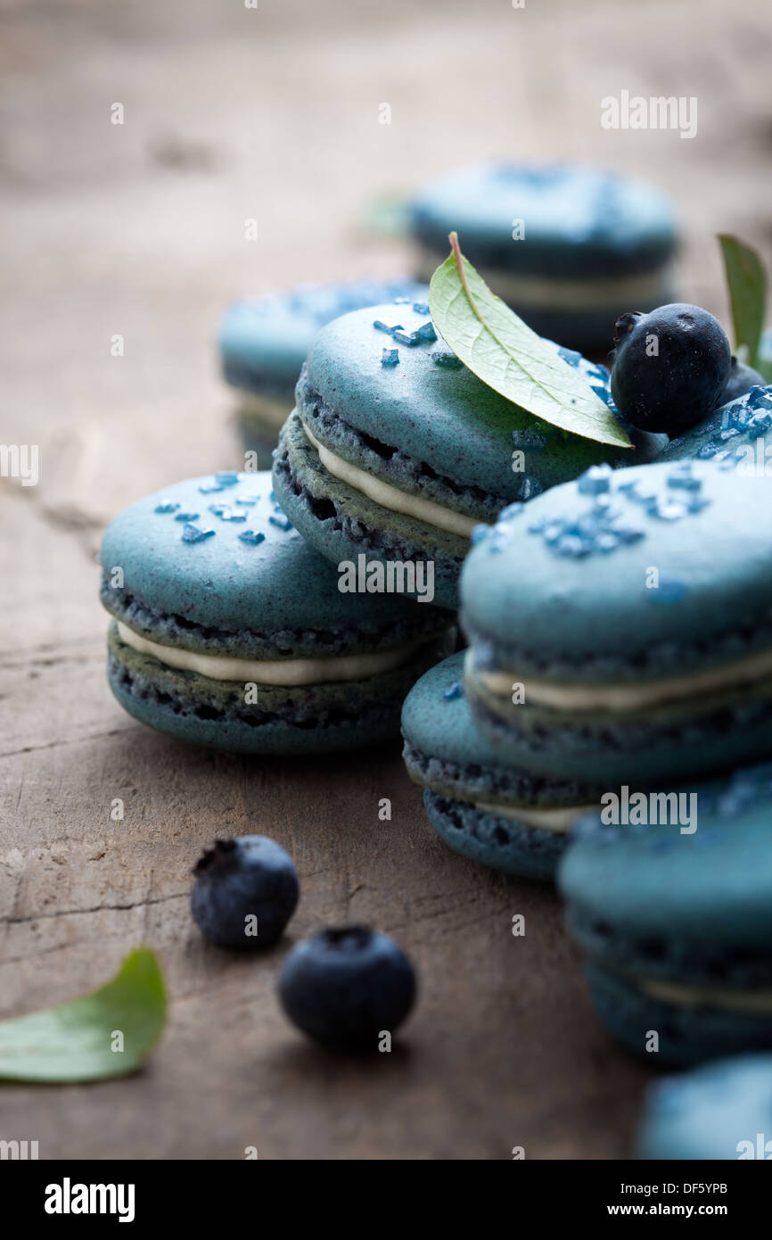 Close up of blueberry macaroons with white filling Stock Photo