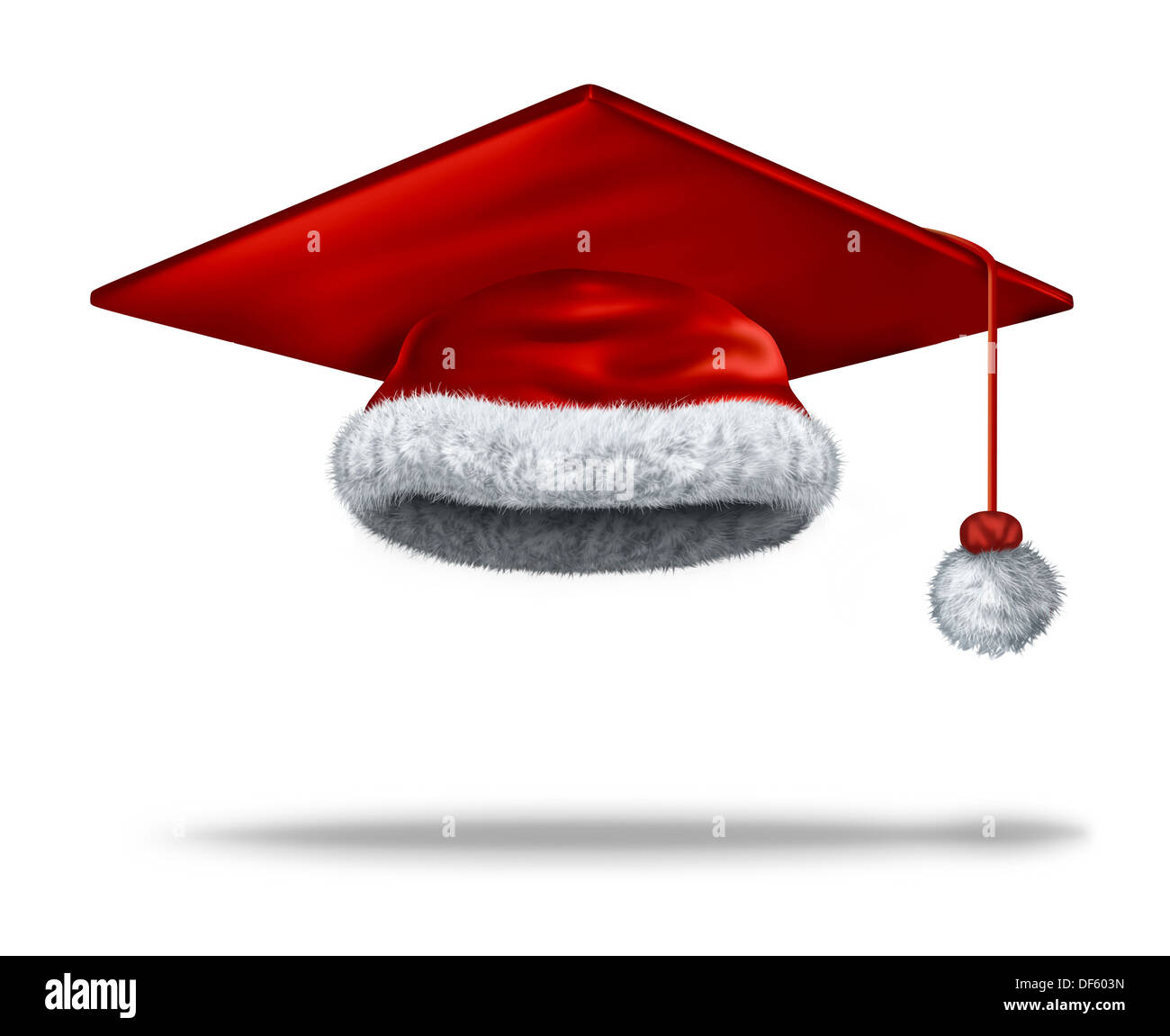 Christmas education holiday concept with a mortar board or graduation cap as a red velvet santa clause hat with white fur trim as a festive symbol of winter school break and new year celebration on a white background. Stock Photo