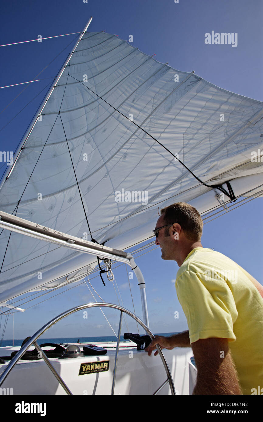 Man sailing a catamaran in Key West, Florida. December 2004 Stock Photo