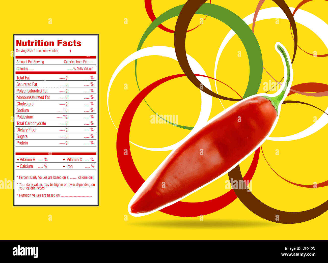 Creative Design for Red hot chili with Nutrition facts label. Stock Photo