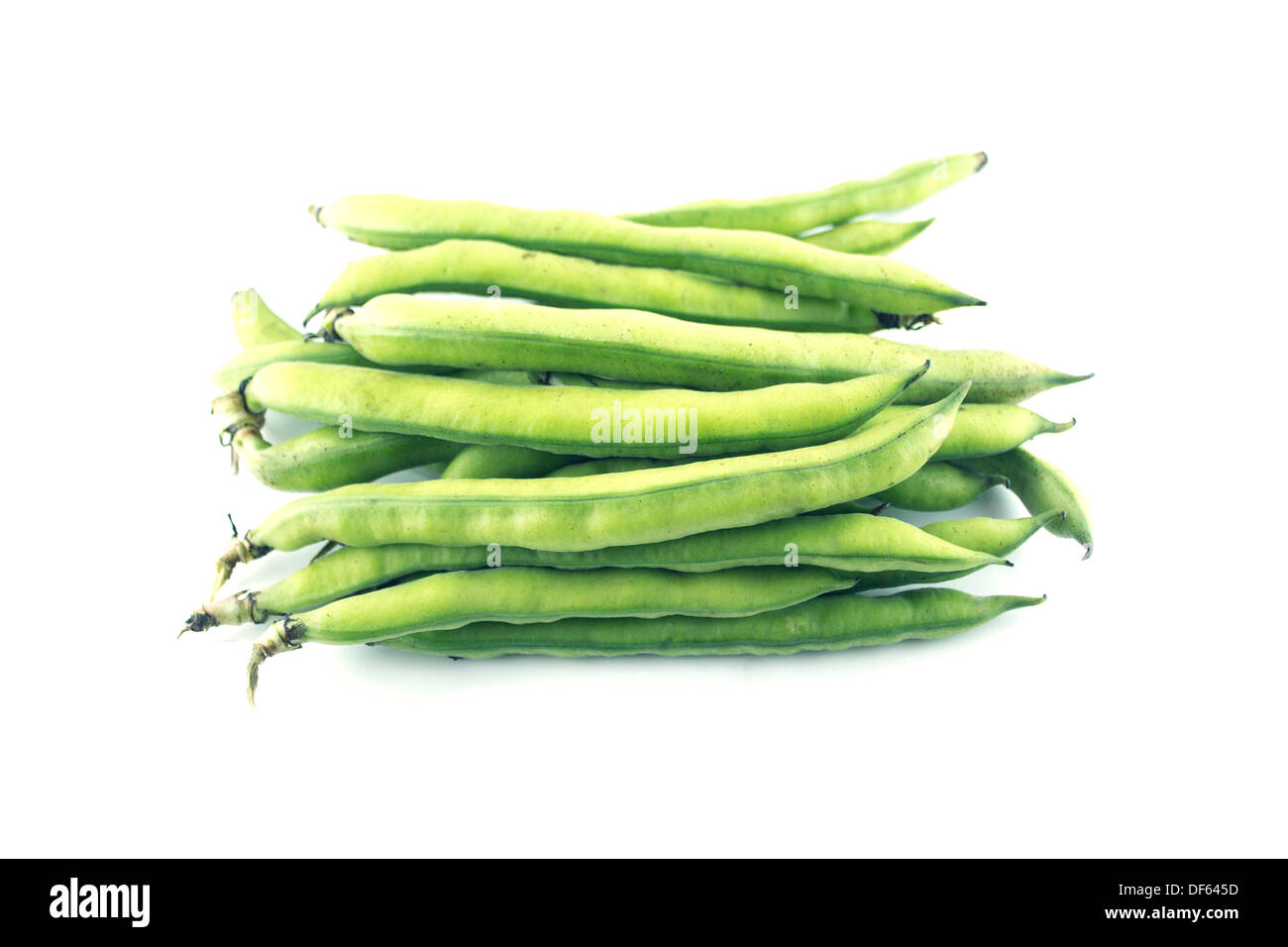 broad bean pods and beans on white background . Stock Photo