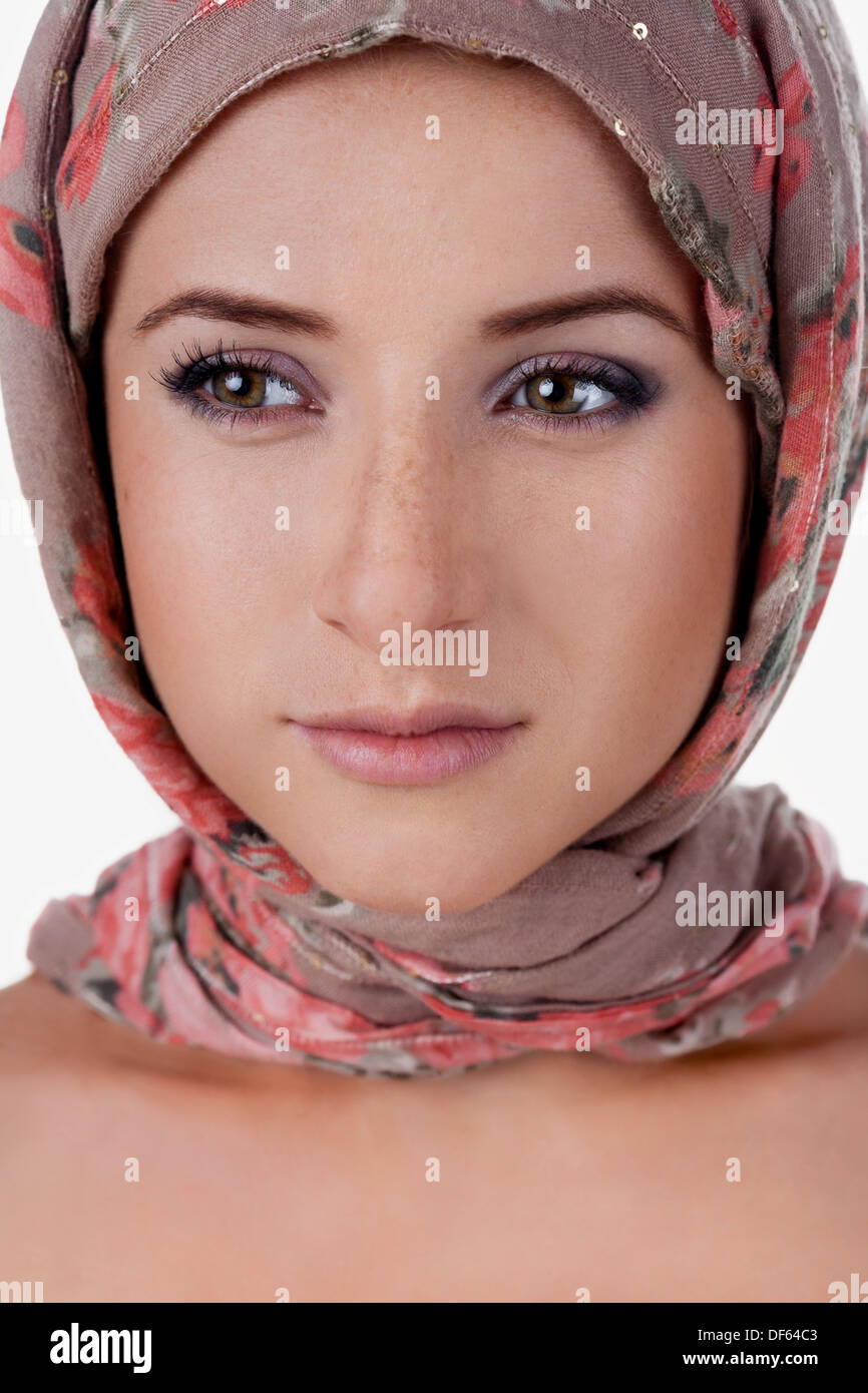 portrait of whiteskinned girl in a turban. caucasian woman with