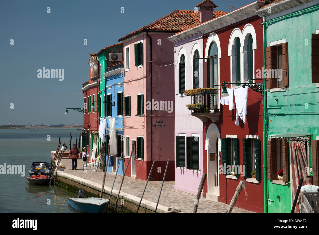 Burano island. Northerly located towards Venice and Murano, it is indisputably the most coloured island of the Venetian lagoon. Stock Photo