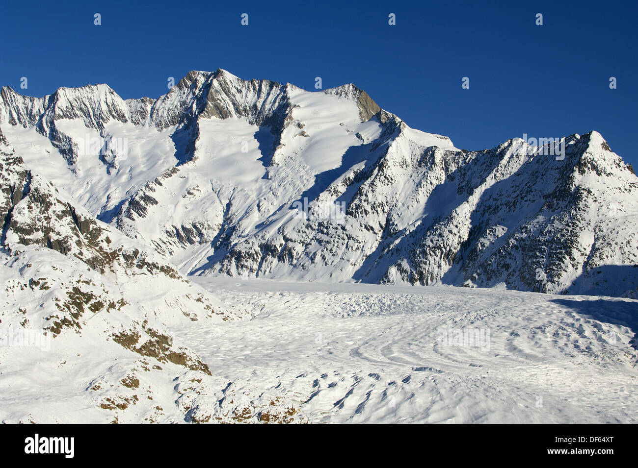 Winter view of the Aletsch glacier. Riederalp municipality, Raron district, Valais, Switzerland Stock Photo