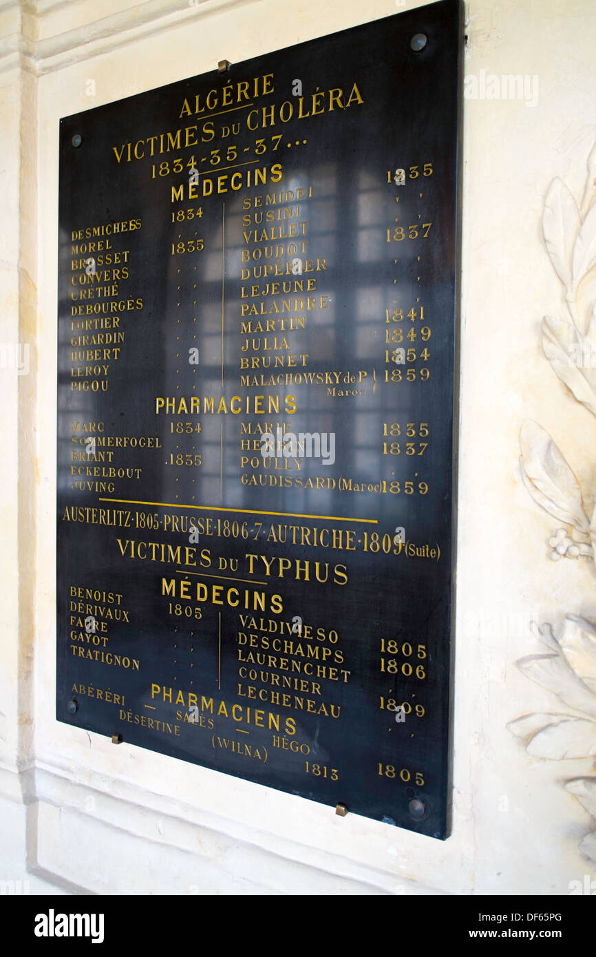 Memorial wall to doctors who died of cholera and typhus in wars at the museum of medical history at Val-de-Grace, Paris, France Stock Photo