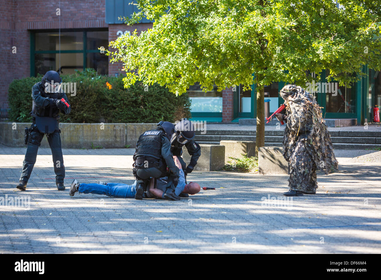 Police SWAT team exercise, rescuing of hostages. Special police forces. Hostage rescue team. Stock Photo