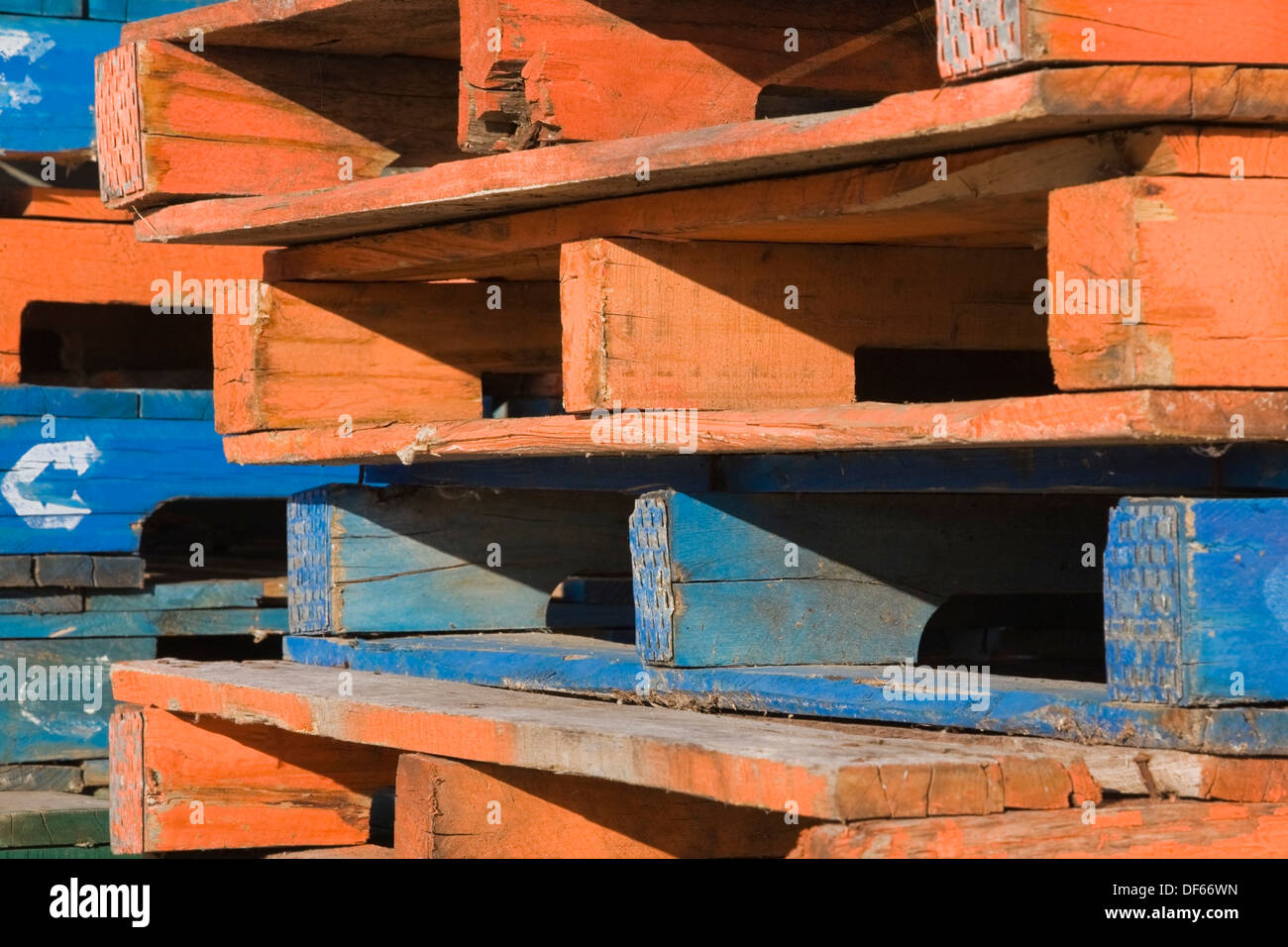 Stacked wooden shipping pallets, Montreal, Quebec, Canada Stock Photo