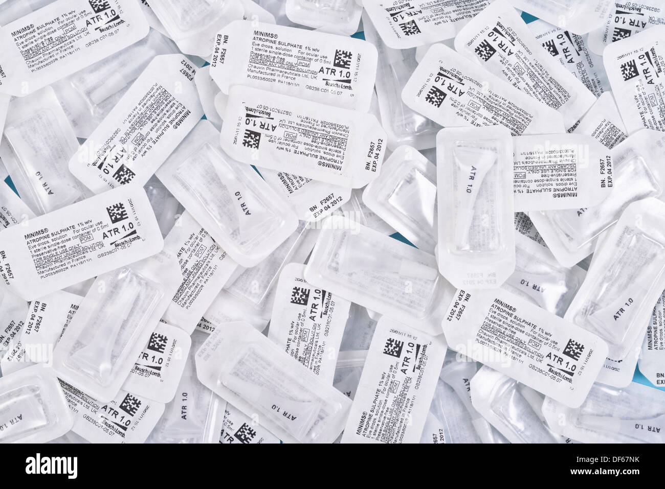Atropine eye drops capsules individual dose pack Stock Photo